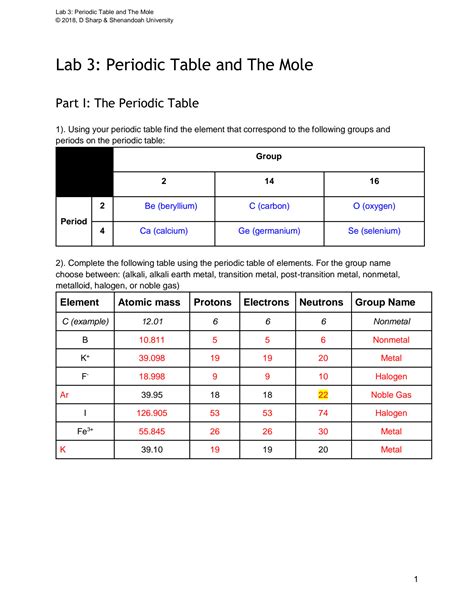 SOLUTION: Chemistry lab 3 periodic table and moles - Studypool