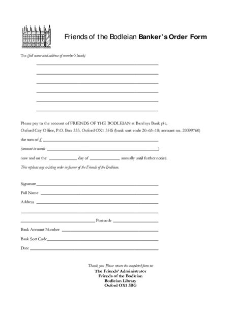 Fillable Online Friends of the Bodleian Bankers Order Form Fax Email ...