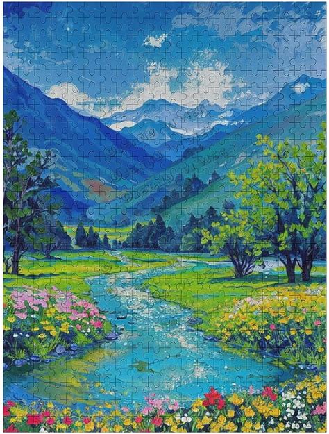 Jigsaw Puzzle 500 Piece for Adults, Mountains Park Stream Oil Painting Scenes Wooden Puzzles ...