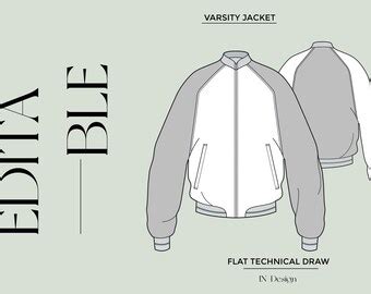 Buy Varsity Oversized Jacket Design Template Flat CAD PNG Sketch ...
