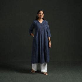 Blue Hand Block Print Natural Dyed Cotton A-Line Ajrakh Kurta for women