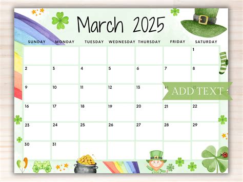 Editable march 2025 calendar printable rainbow calendar w happy st ...