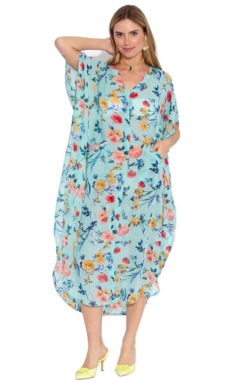 Buy SUN-ROSE FASHIONS Georgette light blue V neck long kaftan with 2 ...