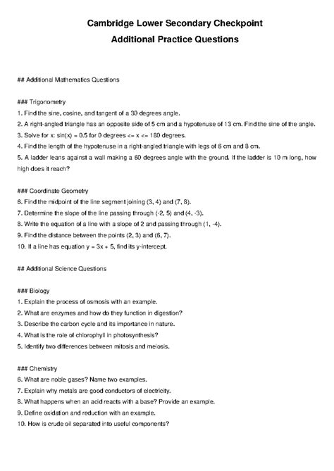 Cambridge Lower Secondary Checkpoint Additional Practice Questions ...