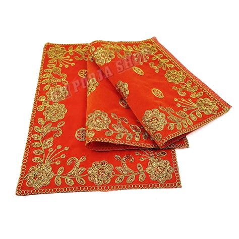 Golden Embroidered Orange Colour Velvet Puja Aasan