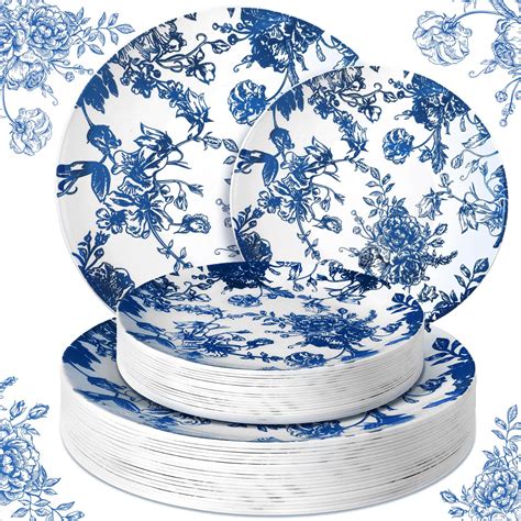 Suclain 60 Pcs Blue and White Plastic Plates Blue Floral Plastic Plates ...