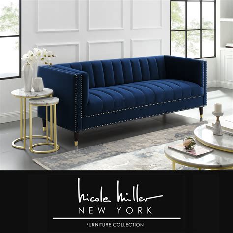 Liv Navy/Gold Velvet Sofa - Line Stitch Tufted, Gold Nailhead Trim and ...