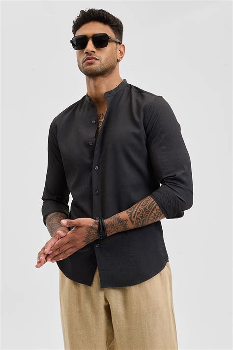 Buy Men's Charcoal Grey Self-Design Mandarin Shirts Online | Snitch ...