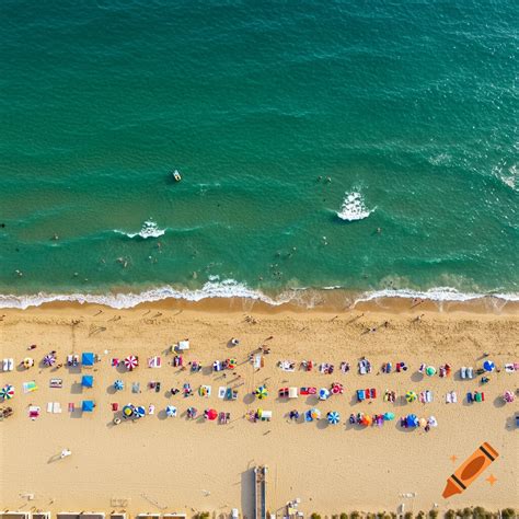 A high-angle view of a crowded beach with people swimming, sunbathing ...