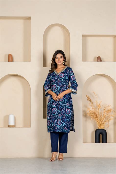 Navy floral embroidered kurta & pant set – MUM & DAUGHTER