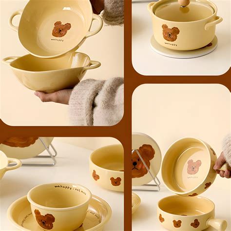 Poecelain Oven Safe Dinnerware Set in Yellow with Bear Pattern - 7 ...