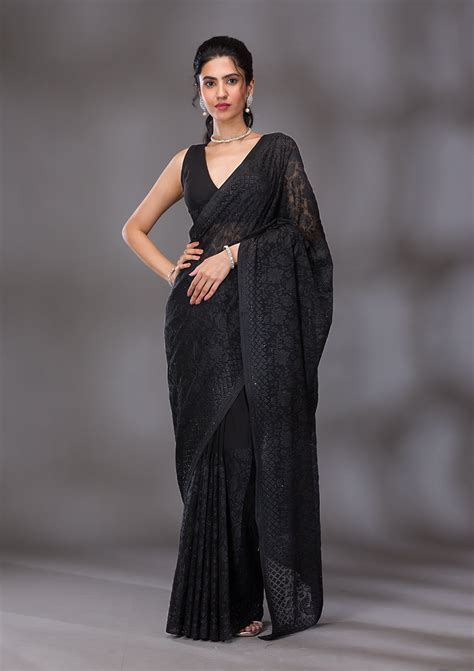 Buy Black Threadwork Georgette Saree - Koskii