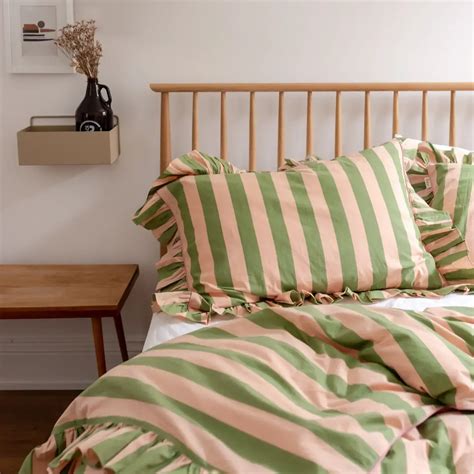 Green Stripe Cotton Duvet Cover With Ruffle Edge | Elfin View