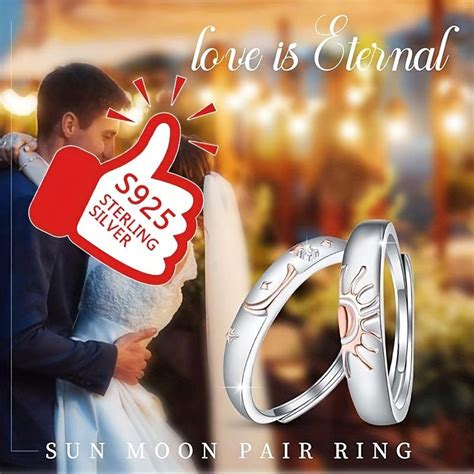 Sun & Moon Couple Rings 2pcs 925 Sterling Silver Engagement Adjustable ...