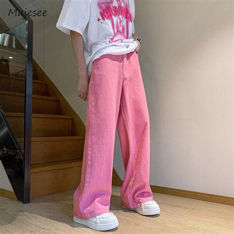 Pink-Jeans-Men-Summer-Vintage-Simple-Solid-Color-All-match-Baggy-Wide ...