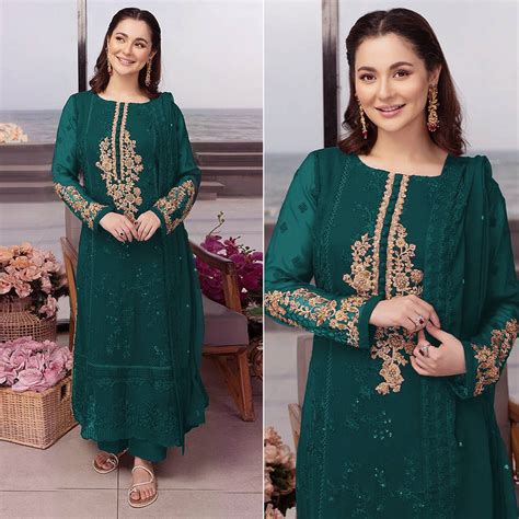 Teal Floral Embroidered Georgette Semi Stitched Pakistani Suit