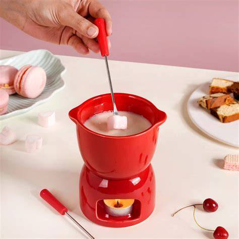 Red Mini Fondue Set With 2 Dipping Forks And Tealight Holder Online ...