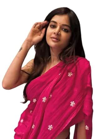 Buy Pink Embroidered Saree with Floral Motifs and Tassel Border ...
