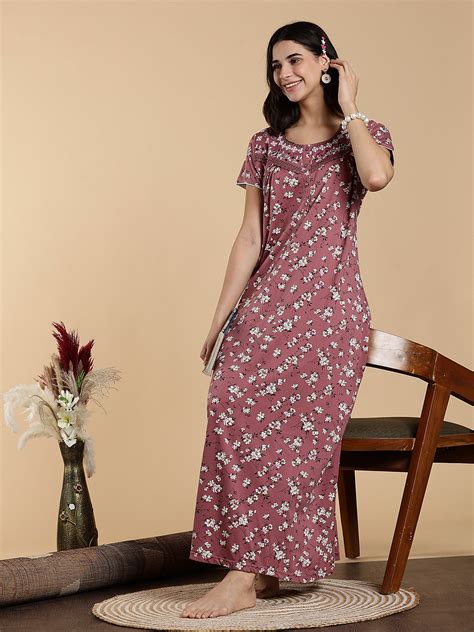 Pink Hosiery Cotton Floral Embroidered Night Dress for Women – 9shines ...