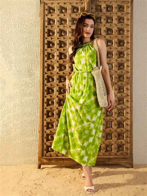 Tie up neck with tassels Maxi Dress in Lime Green Tie & Dye – Mabish Store