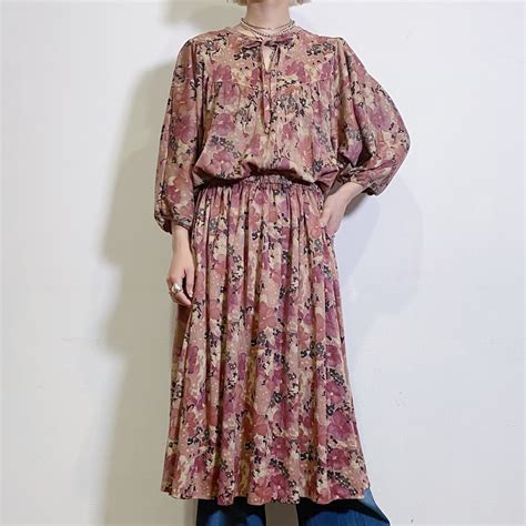 70s beige pink flower printed dress | LEMON