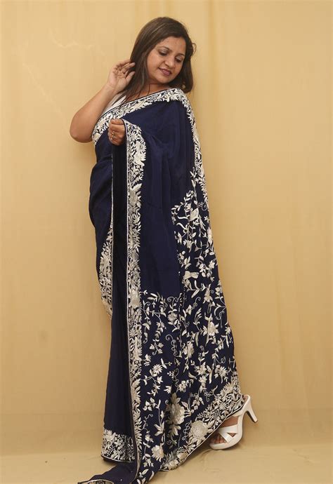 Exquisite Blue Parsi Gara Saree: Hand Embroidered Crepe