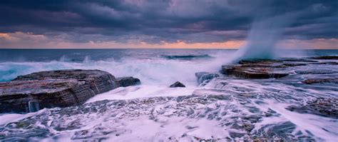 Download wallpaper 2560x1080 waves, coast, stone, storm, splashes ...