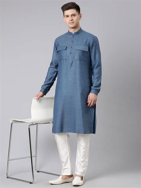 Denim Blue Pathani Kurta Set | The Ethnic Co