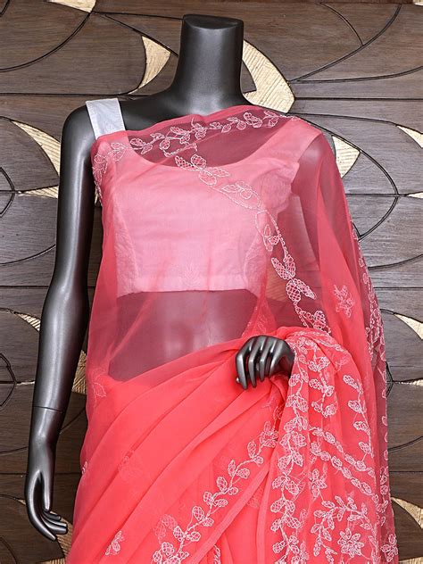 Ada Carrot Pink Georgette Chikankari Saree – Ada Chikan