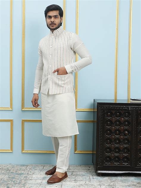 Cream Solid Handwoven Pure Cotton Nehru Jacket | Men's Ethnic Wear ...