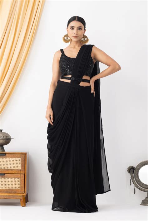 Night Black Silk Georgette Blend Cut dana Embroidered Pre-Draped Saree ...