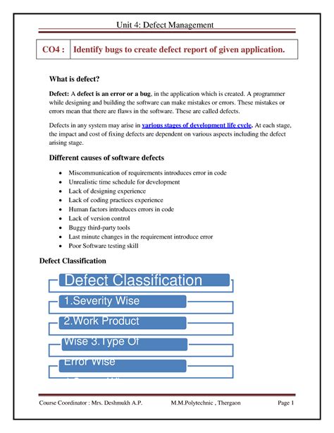 Unit 4 defect management - Course Coordinator : Mrs. Deshmukh A. M.M ...