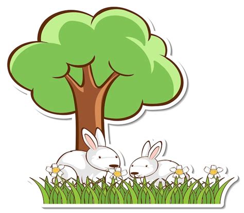 Adesivo de dois coelhos brancos embaixo da árvore | Vetor Grátis