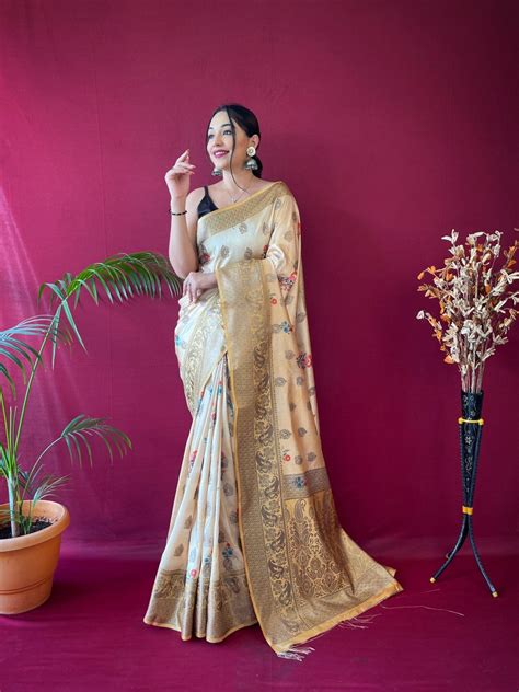 Light Yellow Saree in Kesariya Soft Silk Floral Print - Clot