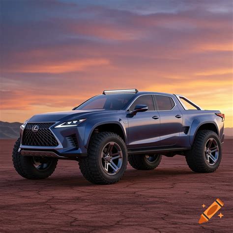 A dark gray car on monster truck wheels is parked on a dirt road at sunset. on Craiyon