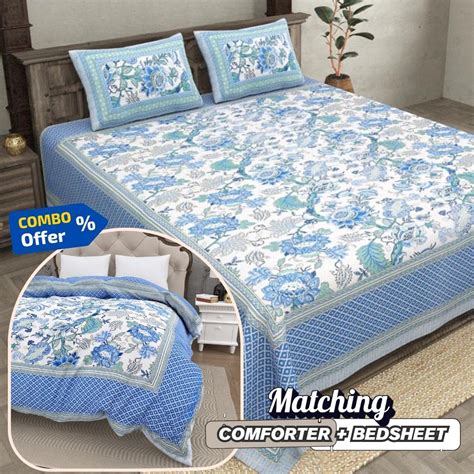Botanica Blue Green Combo of Pure Cotton Double Bedsheet and Double Be ...