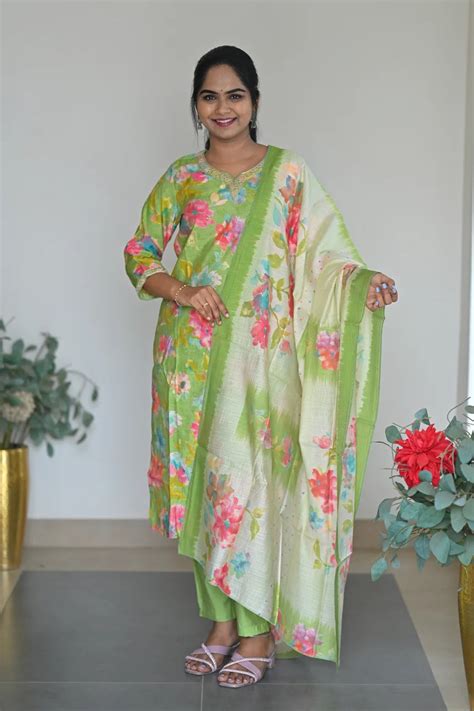 Light Green Floral Printed Cotton Straight Kurta Set with Pant & Dupat ...
