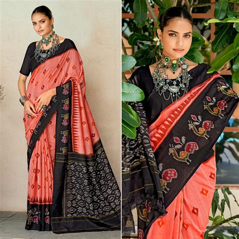Peach & Black Ikkat Printed Mulmul Cotton Saree