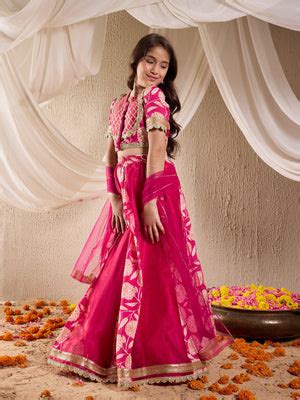 Buy Magenta & Gold Toned Printed Lehenga Blouse With Dupatta