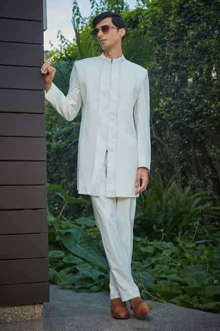 Buy White Terrycloth, Wool Shawn Pintucked Bandhgala And Pant Set For ...