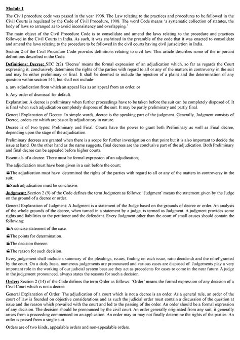 module 1 all about CPC - Module 1 The Civil procedure code was passed ...