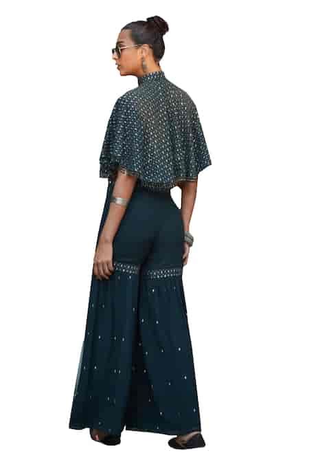 Buy Green Georgette Sequins Kara Chikankari Embroidered Cape Sharara ...