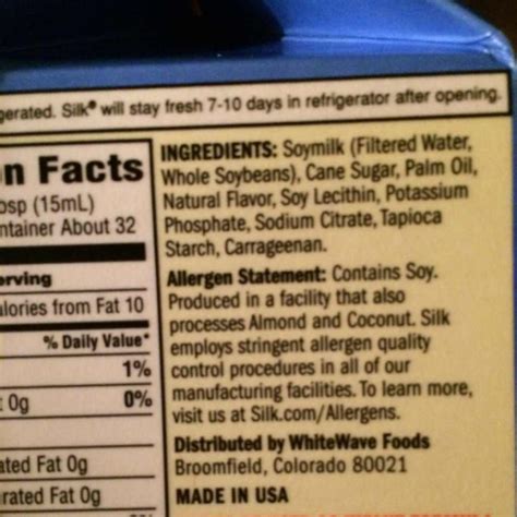 Silk Soy Milk Nutrition Label