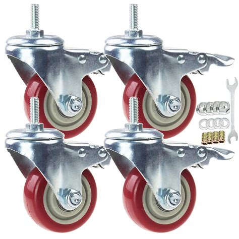 Buy Swivel Stem Casters, Heavy Duty Double-Locking Castors with Red PU ...