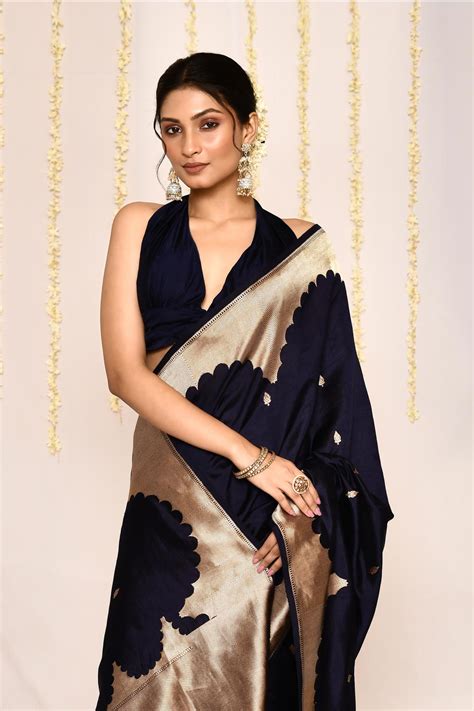 Navy Blue Pure Katan Silk Banarasi Handloom Saree – Rasm By Muskaan