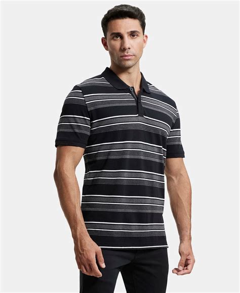 Buy Super Combed Cotton Rich Striped Polo T-Shirt - Black & Charcoal ...