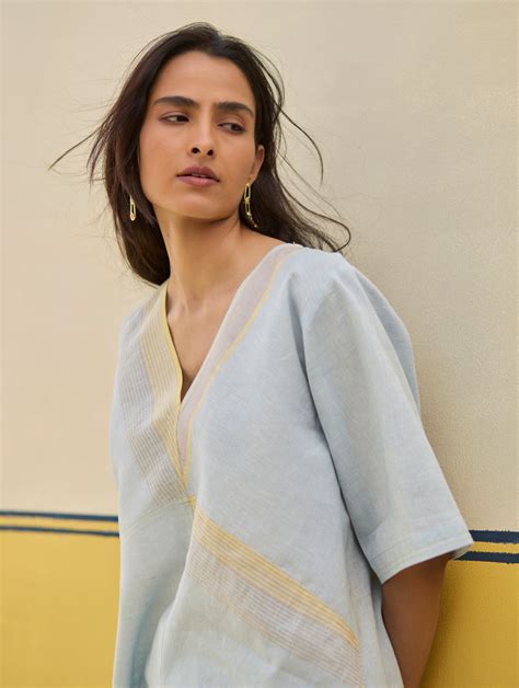 Moriko Border Linen Top - Sky – Manan