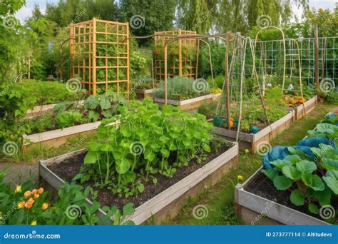 Vegetable Garden with Raised Beds and Trellises Overflowing with Fruits ...