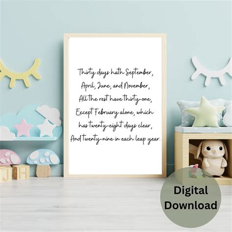 Thirty Days Hath September Days in A Month Rhyme Digital Downloadable ...
