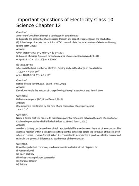 Image result for Class 10 Science Chapter Electricity Questions